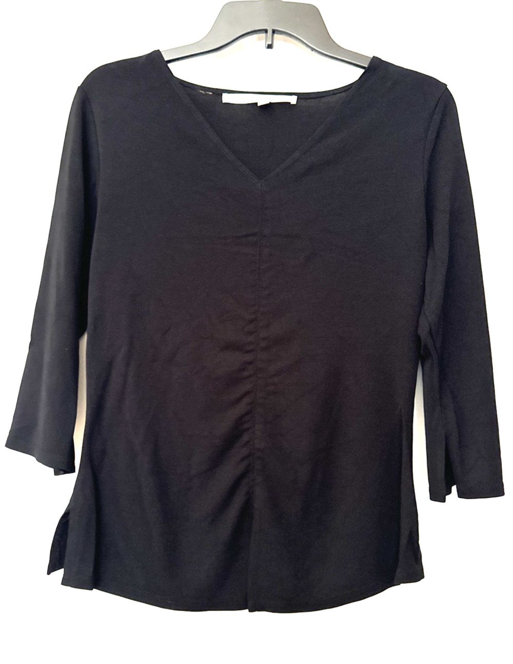 VTG Studio M Black Womens Ruched V-Neck 3/4 Sleeve Slit on Sides Sleeves Front L